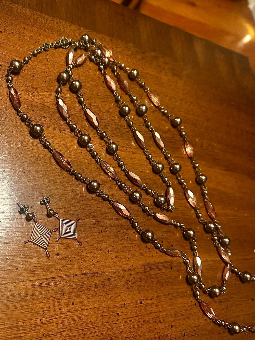 Long Beaded Necklace & Earrings in Bronze & Amber with Taupe Pearls